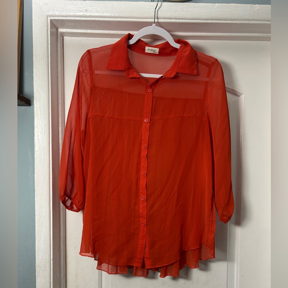 In Style Collection Pleated Sheer Button-Up Blouse - Size M